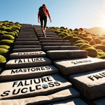 **Image:** A person confidently climbing a staircase made of stepping stones labeled with words like "Failure," "Mistakes," and "Challenges," leading to a bright, sunlit peak representing success. The person looks determined and is reaching for the top.