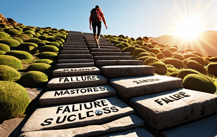 **Image:** A person confidently climbing a staircase made of stepping stones labeled with words like "Failure," "Mistakes," and "Challenges," leading to a bright, sunlit peak representing success. The person looks determined and is reaching for the top.