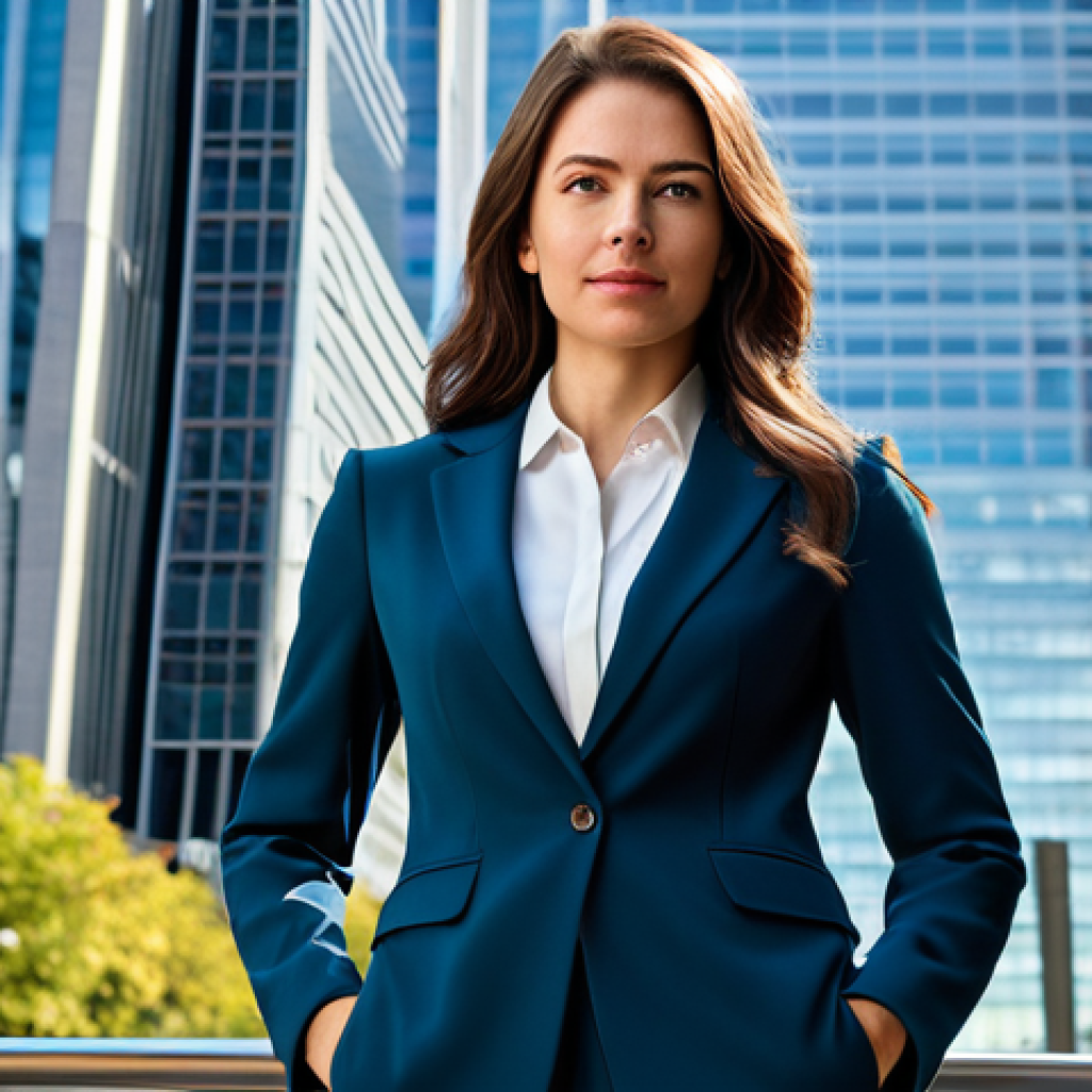 **

"A professional businesswoman in a tailored, modest pantsuit, standing confidently in front of a modern skyscraper in a bustling city center, fully clothed, appropriate attire, safe for work, perfect anatomy, natural proportions, professional corporate photography, high quality, daytime lighting."

**