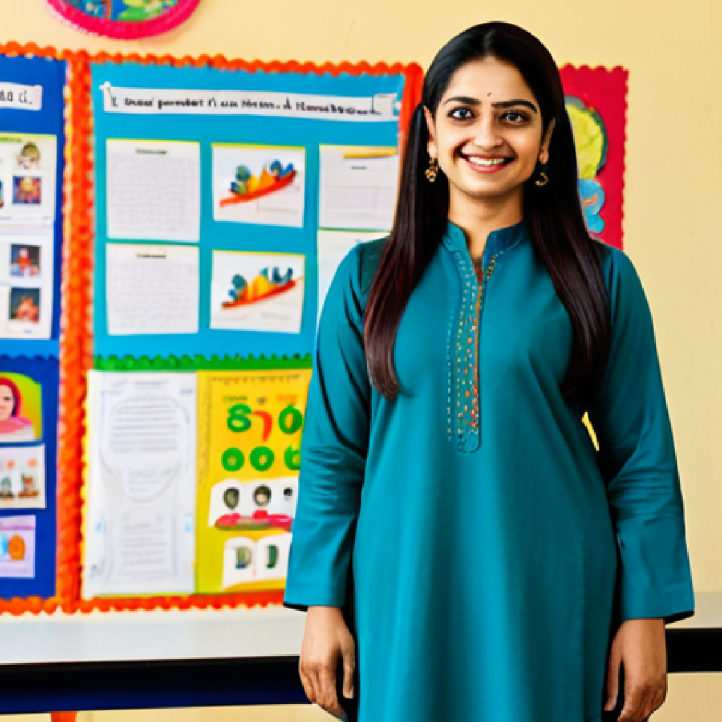 클라우드 기반 파일 관리 활용법 - **Subject:** A confident female teacher in a modest salwar kameez, smiling warmly. **Environment:** ...