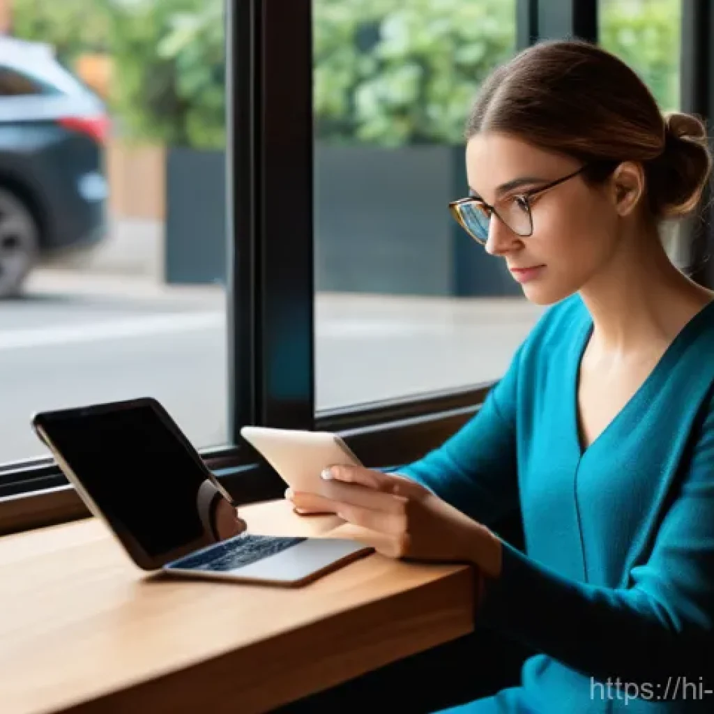 OneDrive 활용법 - **Seamless Access Across Devices:**
    A vibrant, sunlit modern cafe. A woman in her late 20s, dres...