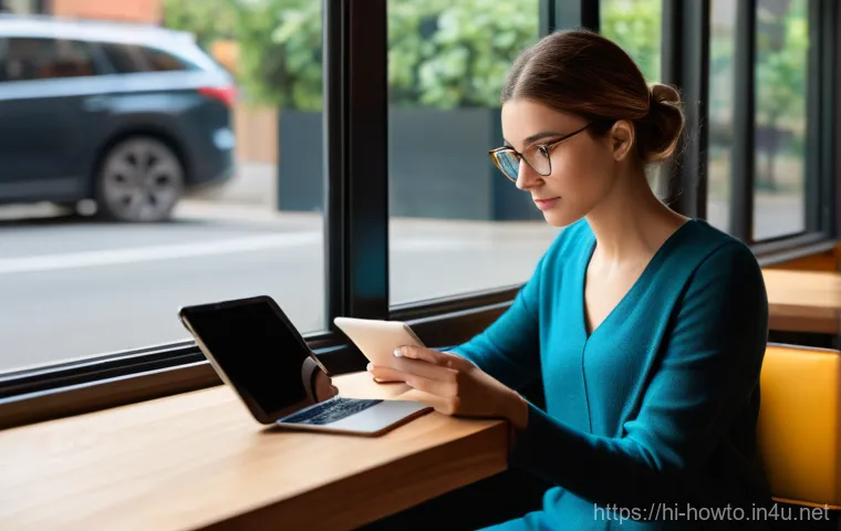 OneDrive 활용법 - **Seamless Access Across Devices:**
    A vibrant, sunlit modern cafe. A woman in her late 20s, dres...
