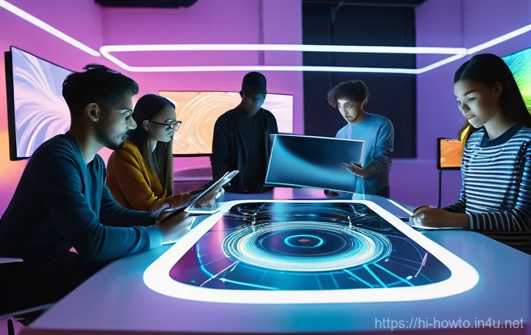 디지털 아트 소프트웨어 활용법 - Prompt 1: AI-Powered Collaborative Art Creation in a Futuristic Studio**