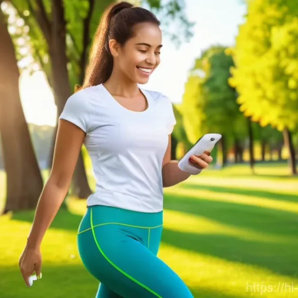 헬스 트래킹 앱 활용법 - A joyful young adult woman, dressed in comfortable yet stylish athletic wear (athletic leggings and ...