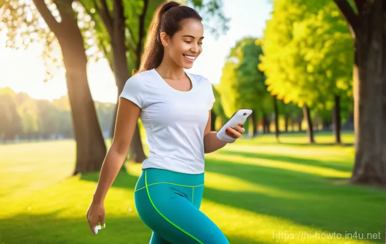 헬스 트래킹 앱 활용법 - A joyful young adult woman, dressed in comfortable yet stylish athletic wear (athletic leggings and ...