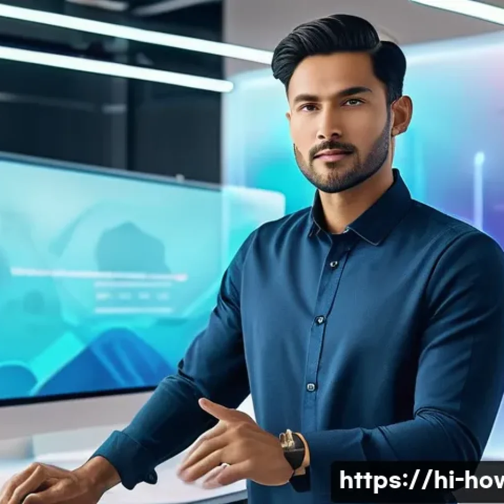 디자인 도구 활용법 - **Prompt:** A vibrant, futuristic creative workspace. A young, diverse professional, dressed in styl...