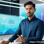 Home 22 디자인 도구 활용법 - **Prompt:** A vibrant, futuristic creative workspace. A young, diverse professional, dressed in styl...