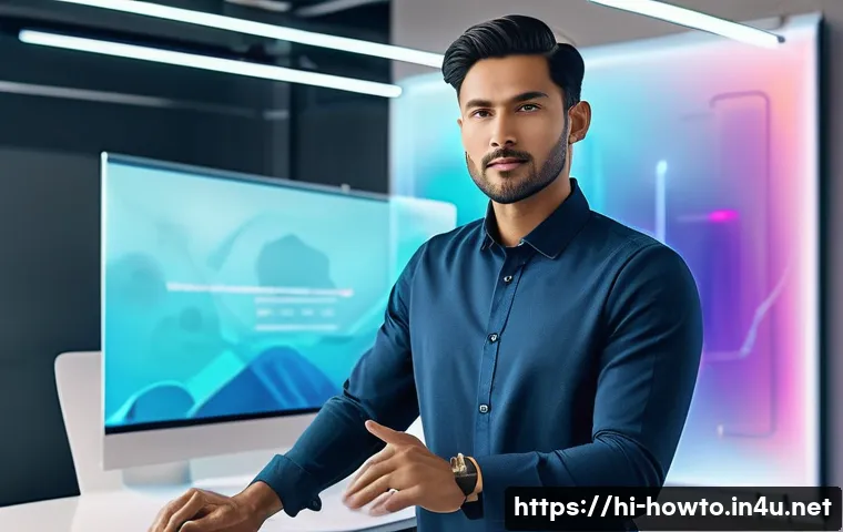 디자인 도구 활용법 - **Prompt:** A vibrant, futuristic creative workspace. A young, diverse professional, dressed in styl...