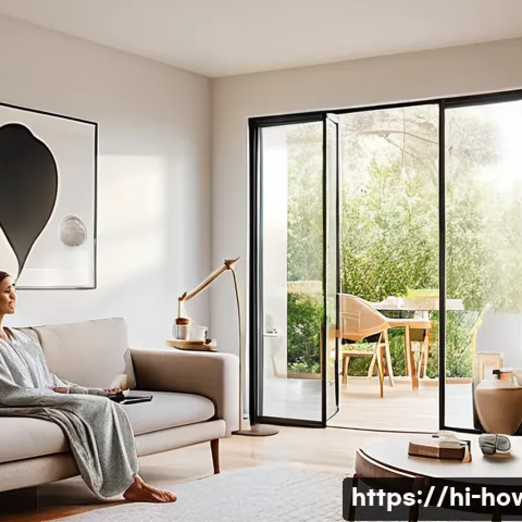 홈 오토메이션 활용법 - **Smart Morning Bliss:**
    A vibrant, sunlit living room with a young woman, in comfortable, modes...