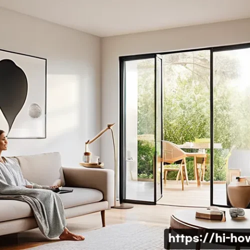 Home 33 홈 오토메이션 활용법 - **Smart Morning Bliss:**
A vibrant, sunlit living room with a young woman, in comfortable, modes...