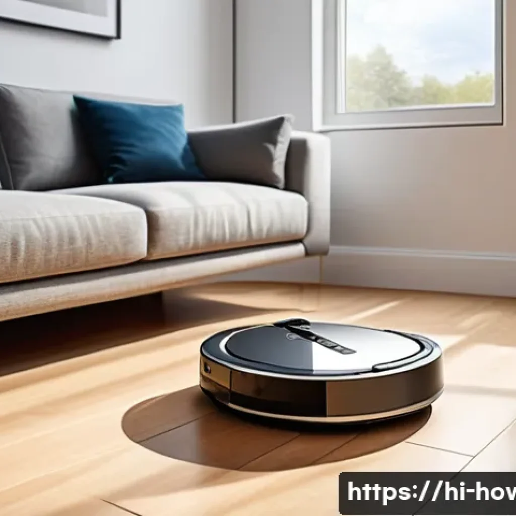 스마트 로봇 청소기 활용법 - A sleek, modern smart robot vacuum cleaner in a bright, well-organized living room with mixed floori...