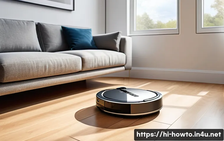 스마트 로봇 청소기 활용법 - A sleek, modern smart robot vacuum cleaner in a bright, well-organized living room with mixed floori...