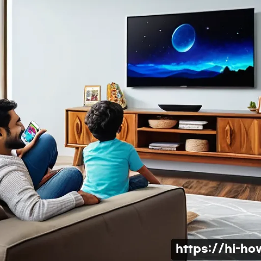 디즈니플러스 활용법 - A vibrant family living room scene showing a diverse Indian family enjoying Disney+ content together...