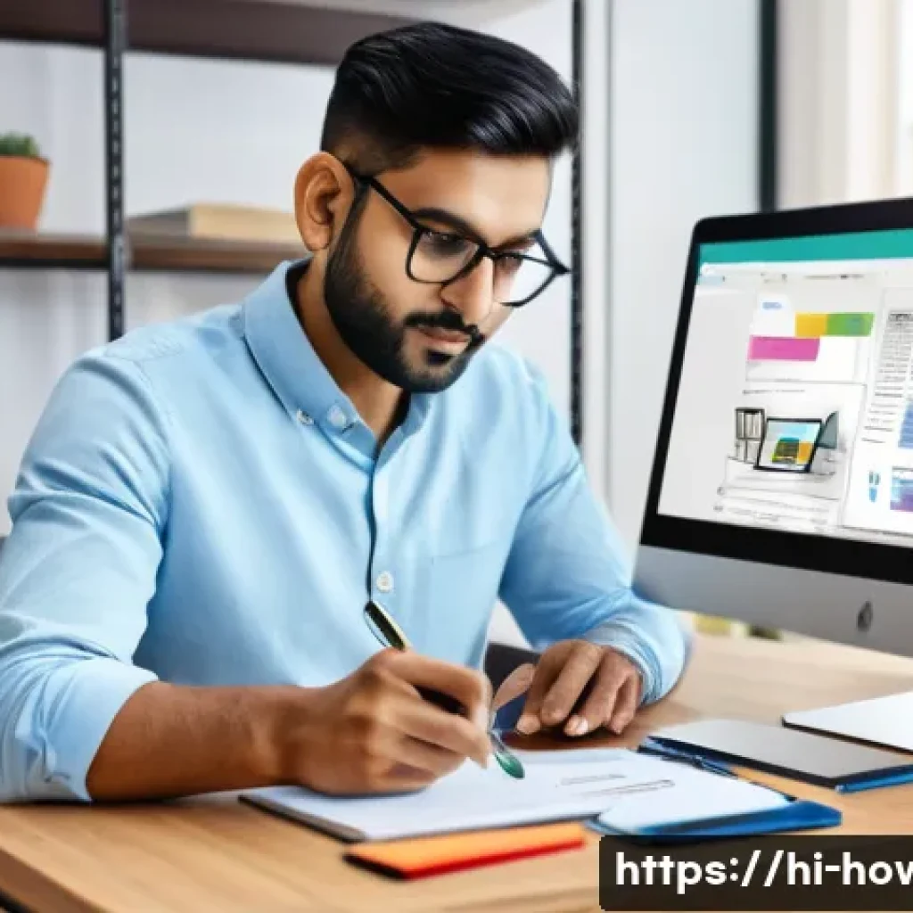 디지털 노트 활용법 - A modern workspace scene showing a young Indian professional using a tablet with a stylus to take di...