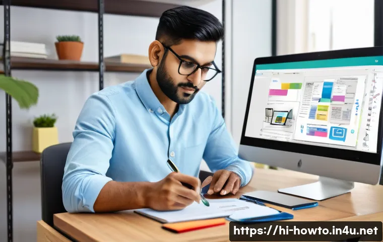 디지털 노트 활용법 - A modern workspace scene showing a young Indian professional using a tablet with a stylus to take di...