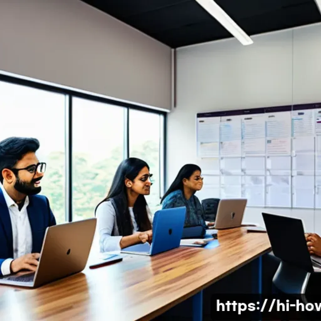 다양한 앱을 한 번에 활용하기 - A modern Indian office environment showing a diverse team collaborating efficiently using multiple d...
