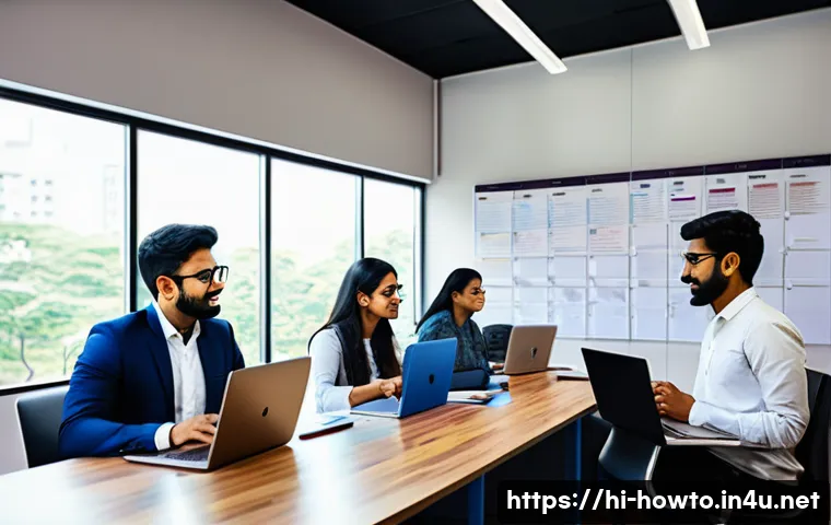 다양한 앱을 한 번에 활용하기 - A modern Indian office environment showing a diverse team collaborating efficiently using multiple d...
