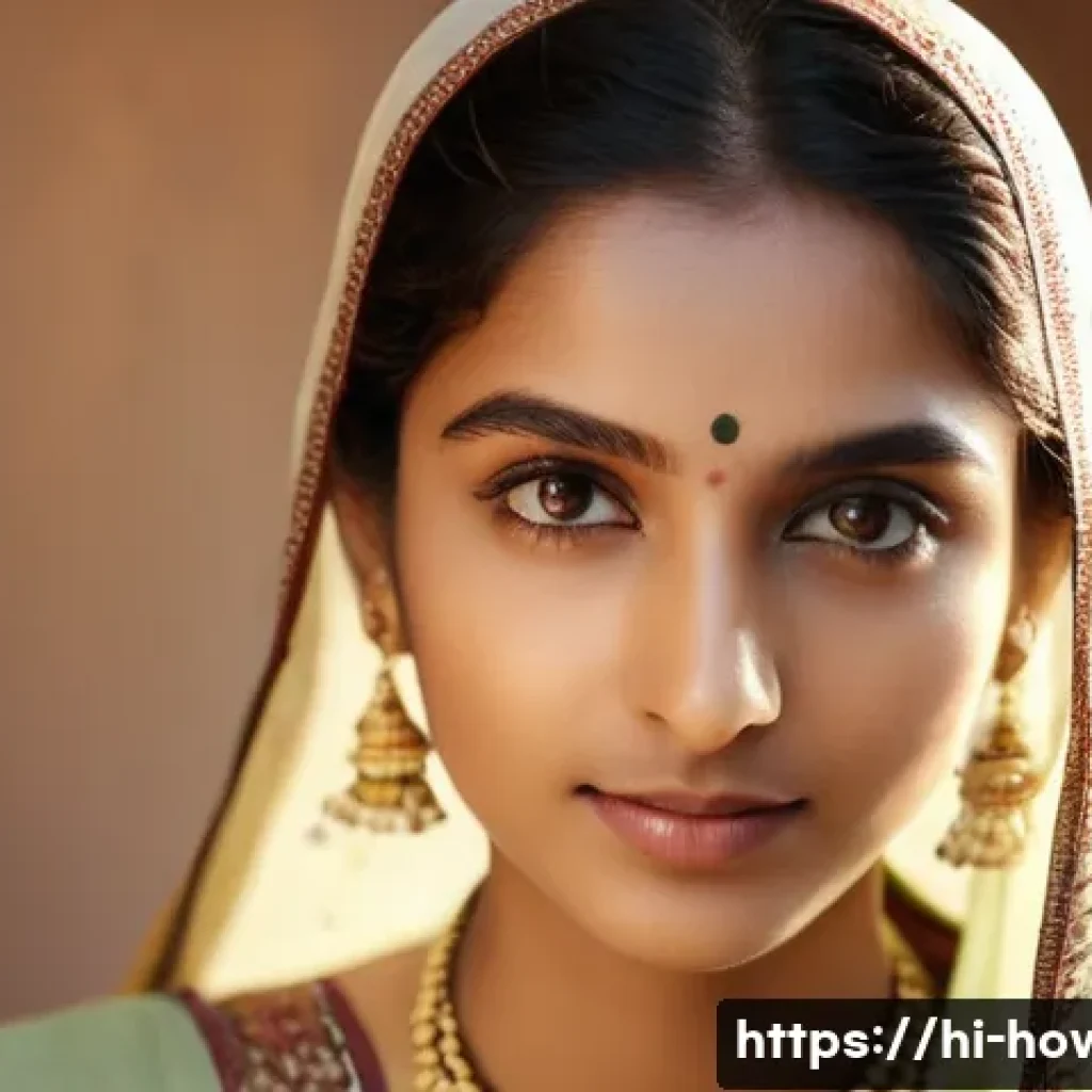 사진 보정 앱 활용법 - A close-up portrait of a young Indian woman with smooth, natural skin texture, minimal makeup, and s...