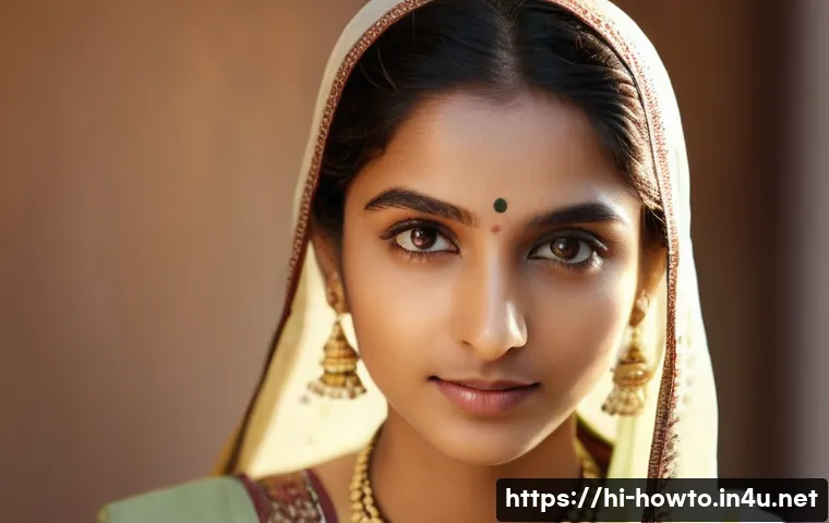 사진 보정 앱 활용법 - A close-up portrait of a young Indian woman with smooth, natural skin texture, minimal makeup, and s...