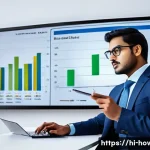 Home 21 엑셀 차트 작성법 - A modern office environment with a professional Indian data analyst presenting colorful Excel charts...