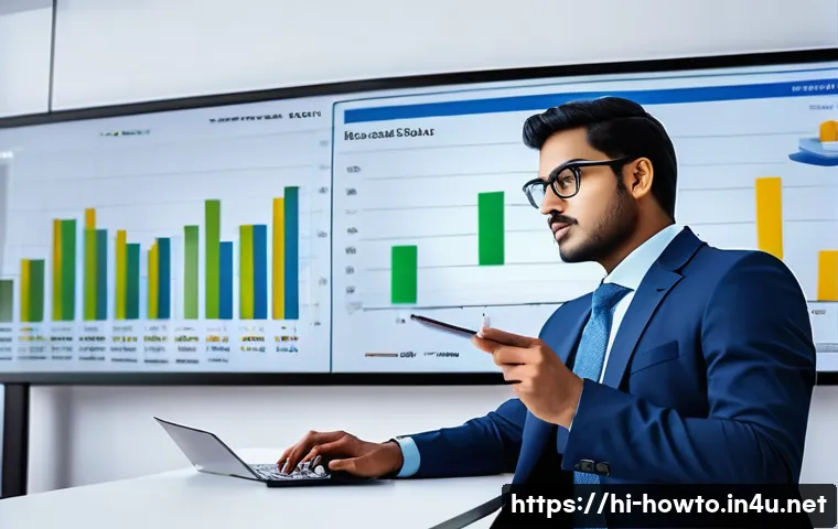 엑셀 차트 작성법 - A modern office environment with a professional Indian data analyst presenting colorful Excel charts...