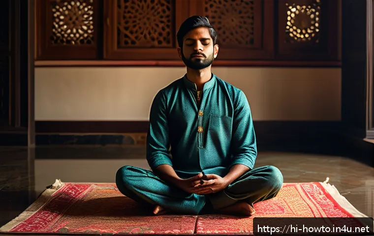 자기계발 도서 추천 - A serene and focused young Indian man practicing mindfulness meditation in a quiet, sunlit room with...