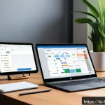 Home 18 프리랜서 경력 관리 도구 활용법 - A modern freelancer’s workspace featuring a laptop displaying a Trello board and Asana dashboard on ...