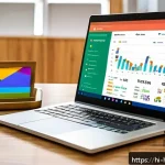 Home 23 Google Trends 활용법 - A vibrant digital marketing workspace featuring a laptop screen displaying Google Trends analytics i...