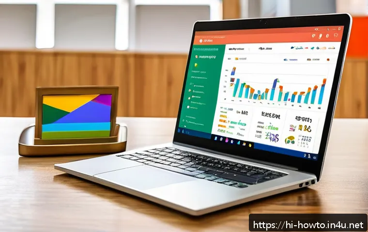 Google Trends 활용법 - A vibrant digital marketing workspace featuring a laptop screen displaying Google Trends analytics i...