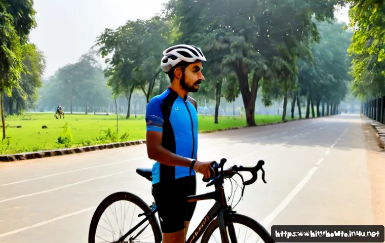 자전거 탈 때 유용한 앱 활용법 - Photorealistic morning scene in an Indian city park, an adult cyclist wearing a helmet and modest at...