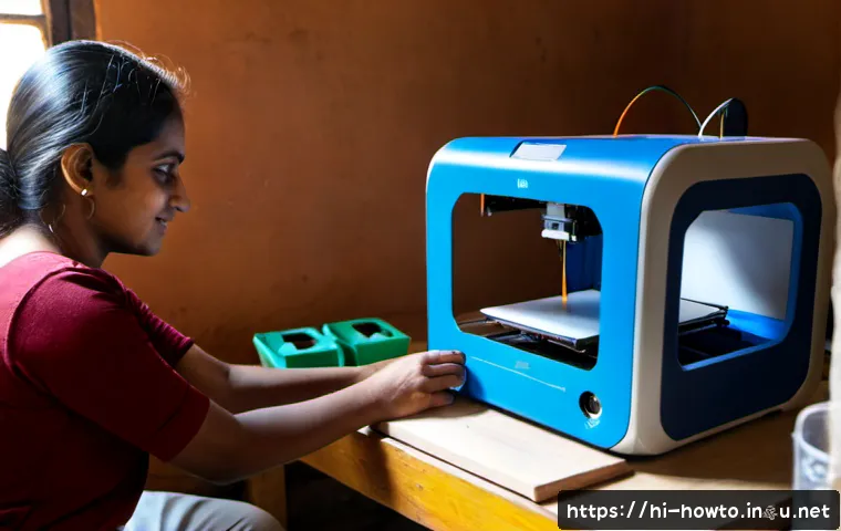 3D 프린터 활용법 - Photorealistic home workshop in India, an Indian woman carefully removing a finished small household...