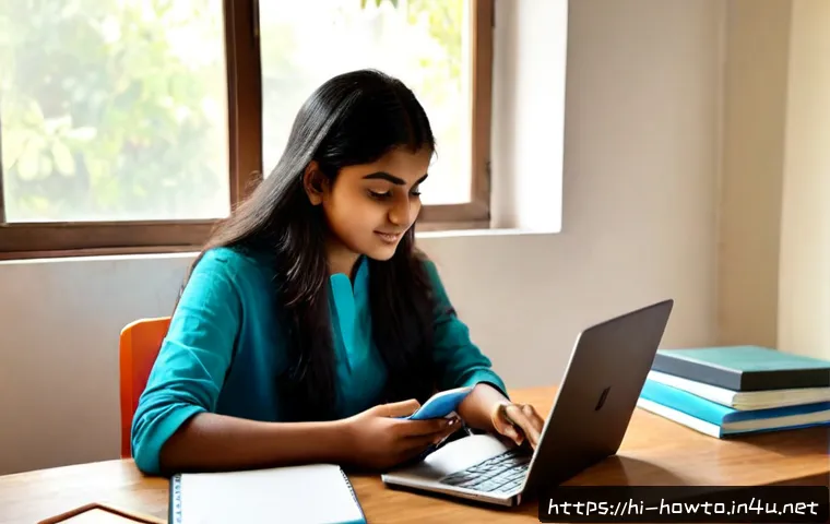 Home 17 소셜 미디어 활용법 - Photorealistic scene of a young Indian woman learning effective social media use at a clean home des...